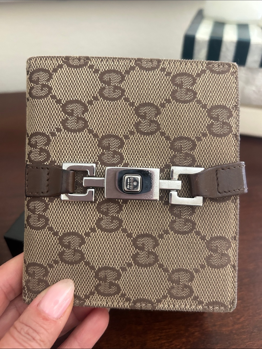 Gucci Beige and Brown Signature Canvas Wallet with Silver Lock